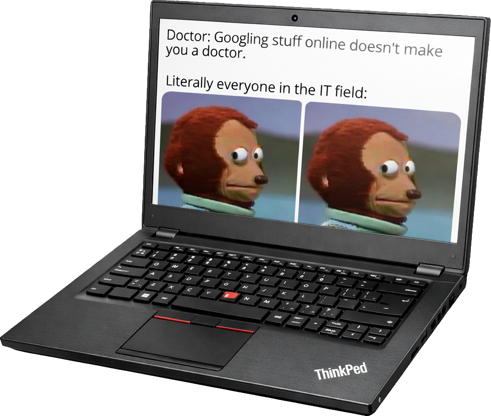 ThinkPad mit IT-Meme auf dem Display